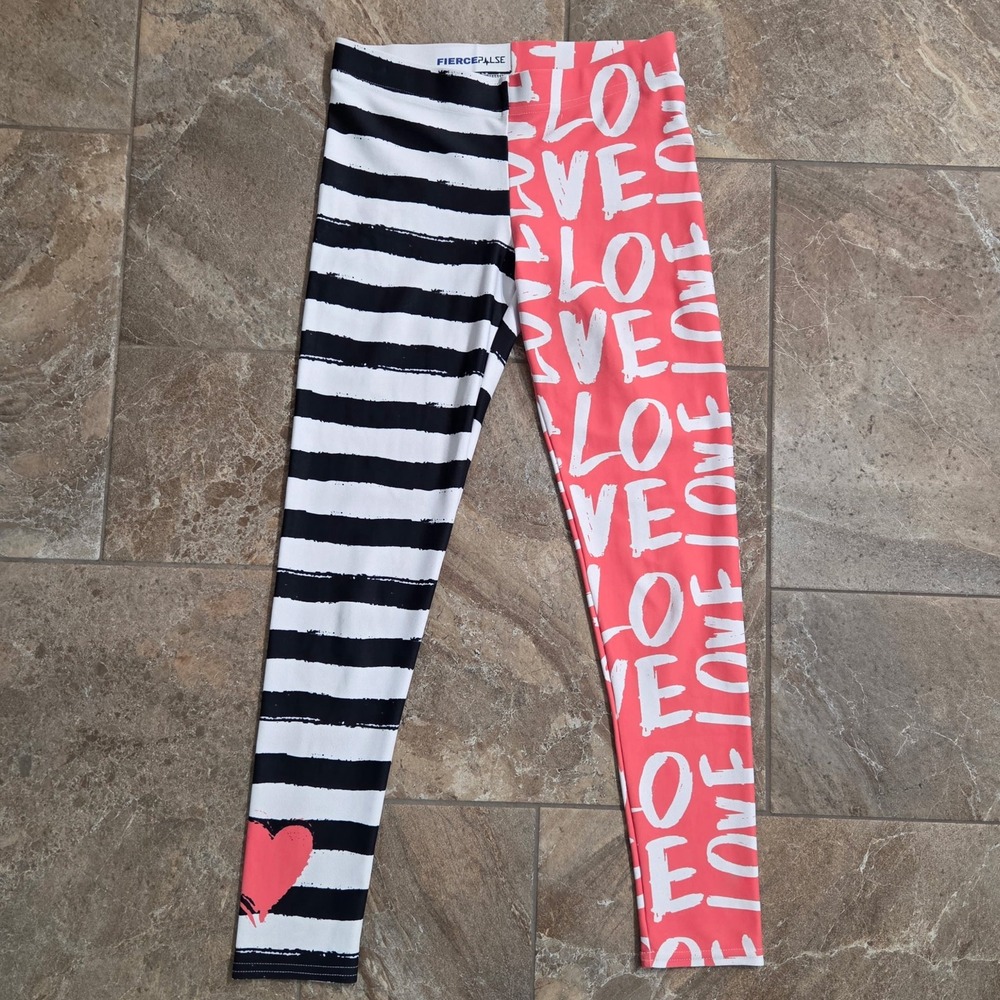 FiercePulse Love Striped Leggings Women S Pink Black White Heart Yoga Pants